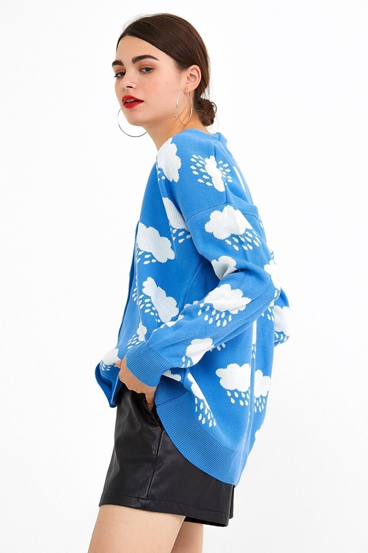 Kadın Desenli Oversize Hırka Bebe Mavi
