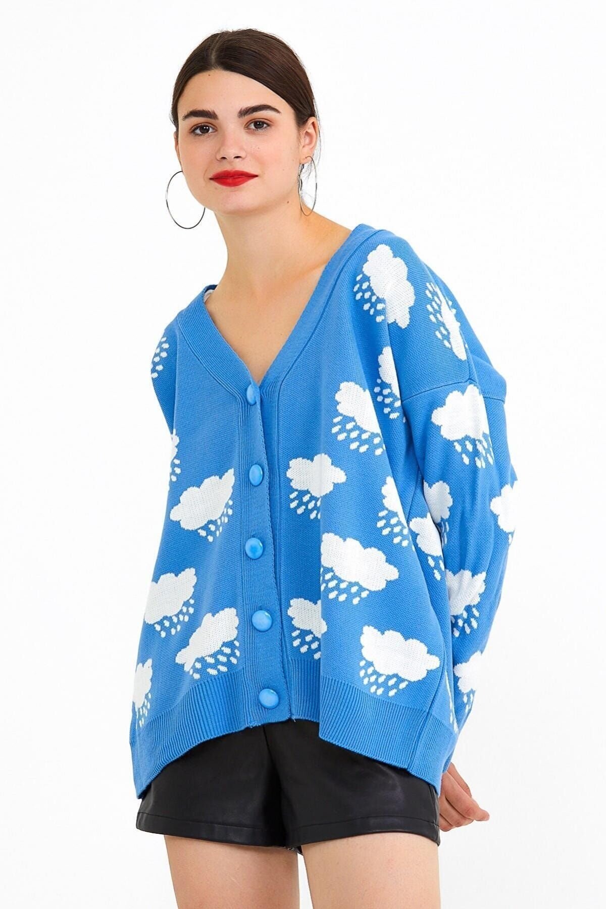 Kadın Desenli Oversize Hırka Bebe Mavi