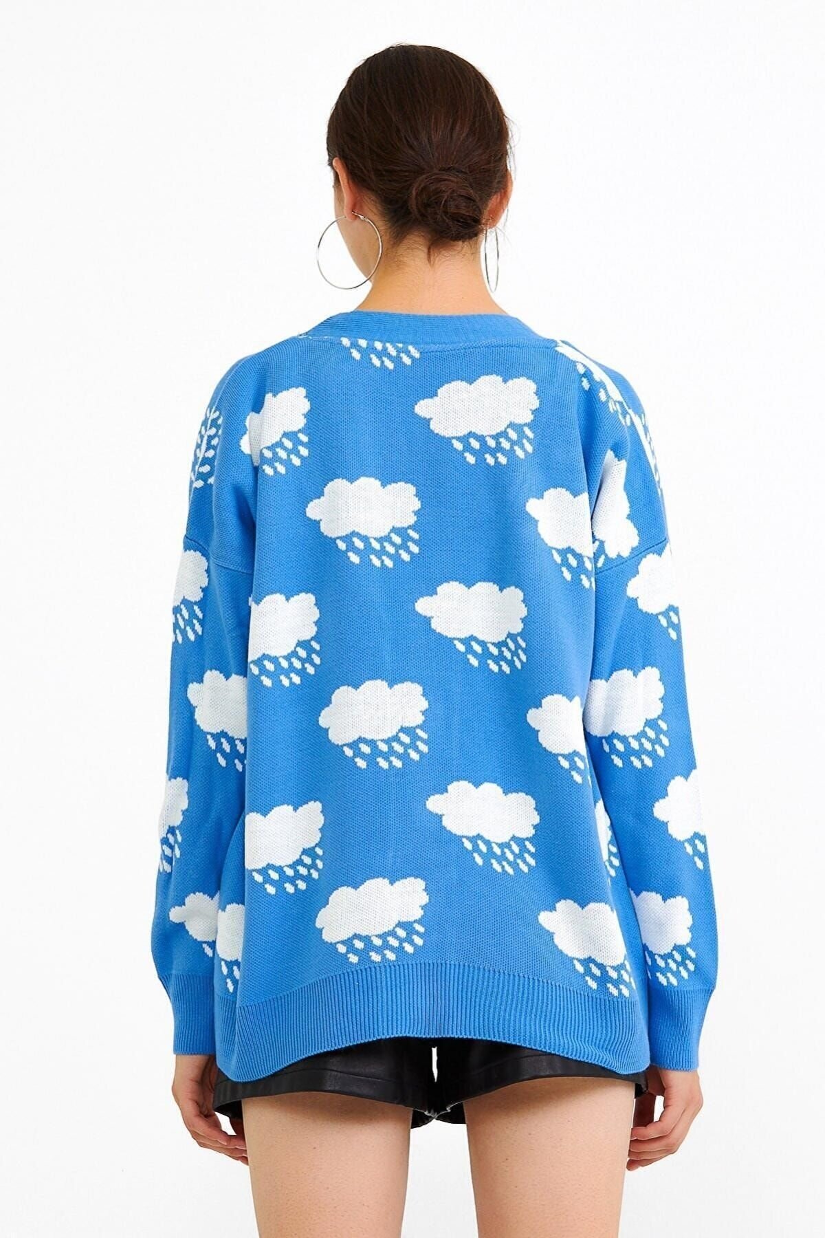 Kadın Desenli Oversize Hırka Bebe Mavi
