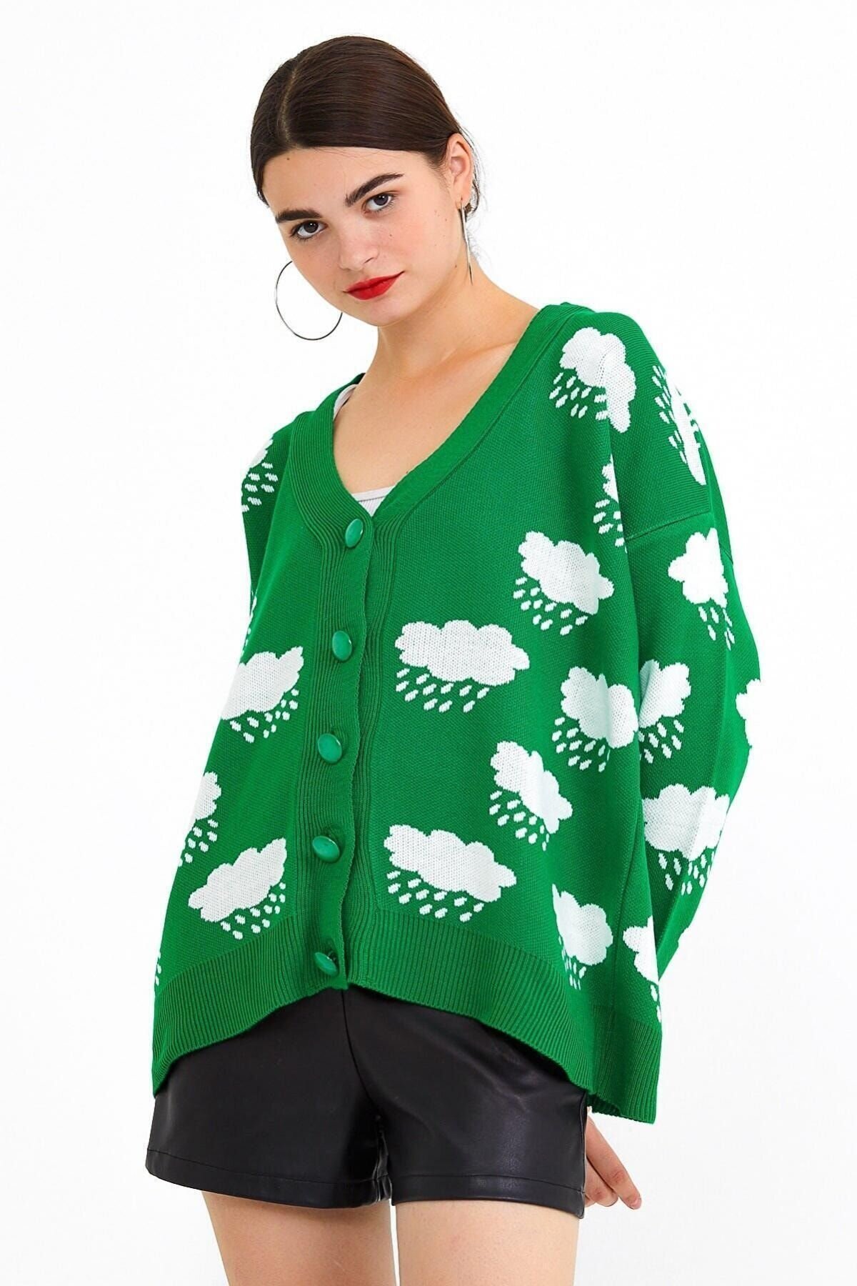 Kadın Desenli Oversize Hırka Yeşil