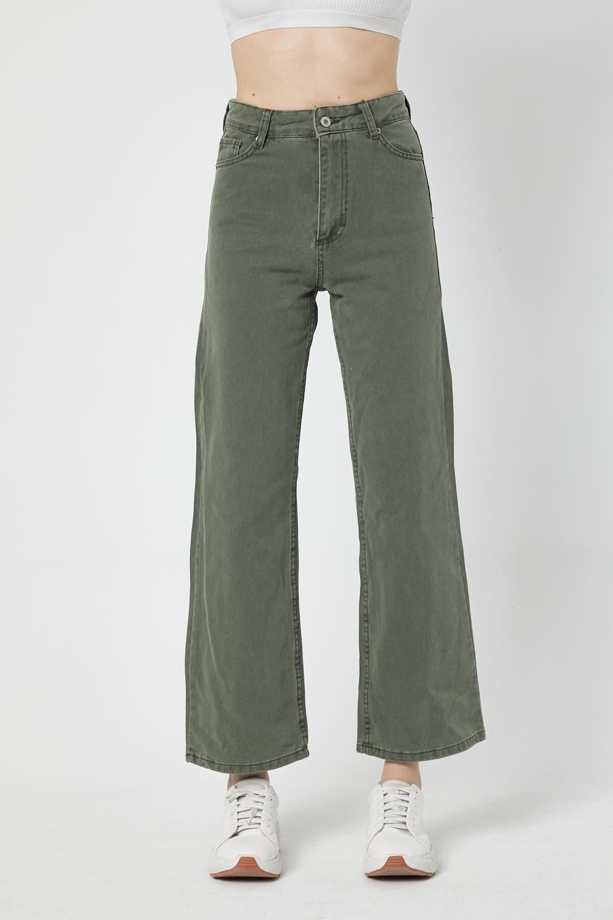 Kadın Geniş Paça Gabardin Pantolon Haki
