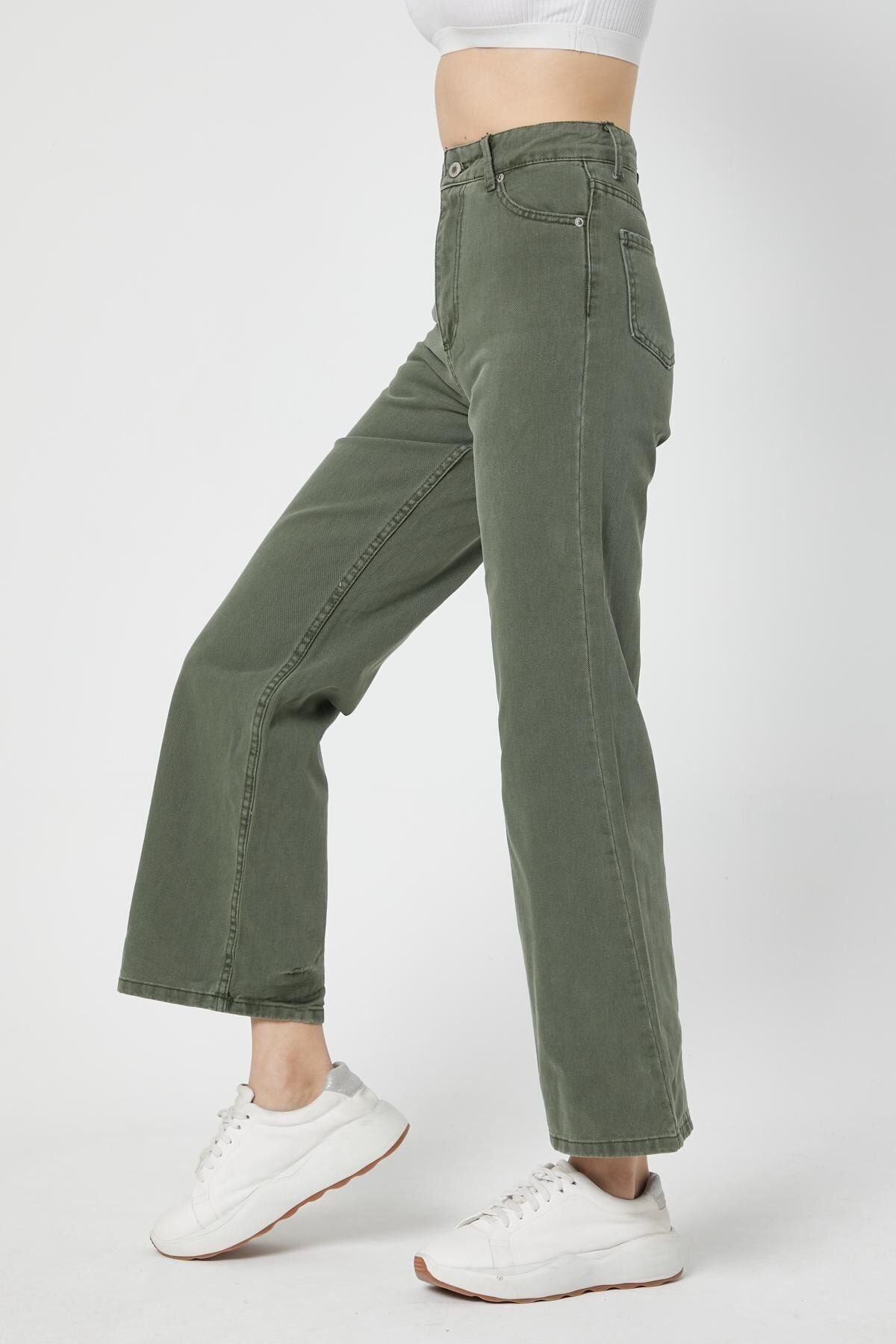 Kadın Geniş Paça Gabardin Pantolon Haki