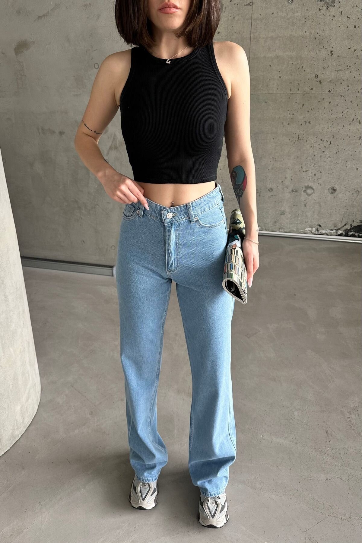 Kadın Jean BaggyFit Yüksek Bel Bol Paça Palazzo Buz Mavi Kot Pantolon