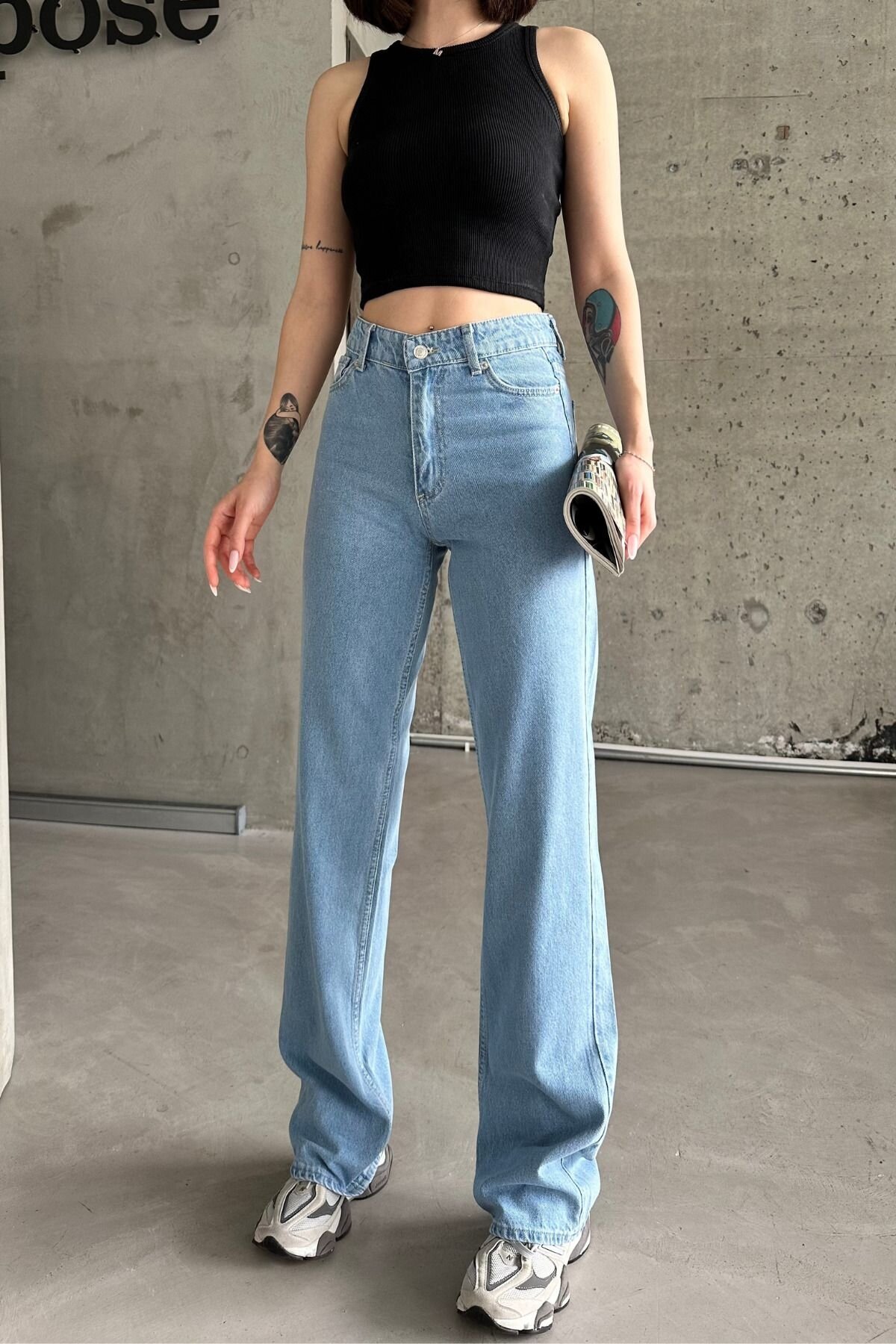 Kadın Jean BaggyFit Yüksek Bel Bol Paça Palazzo Buz Mavi Kot Pantolon