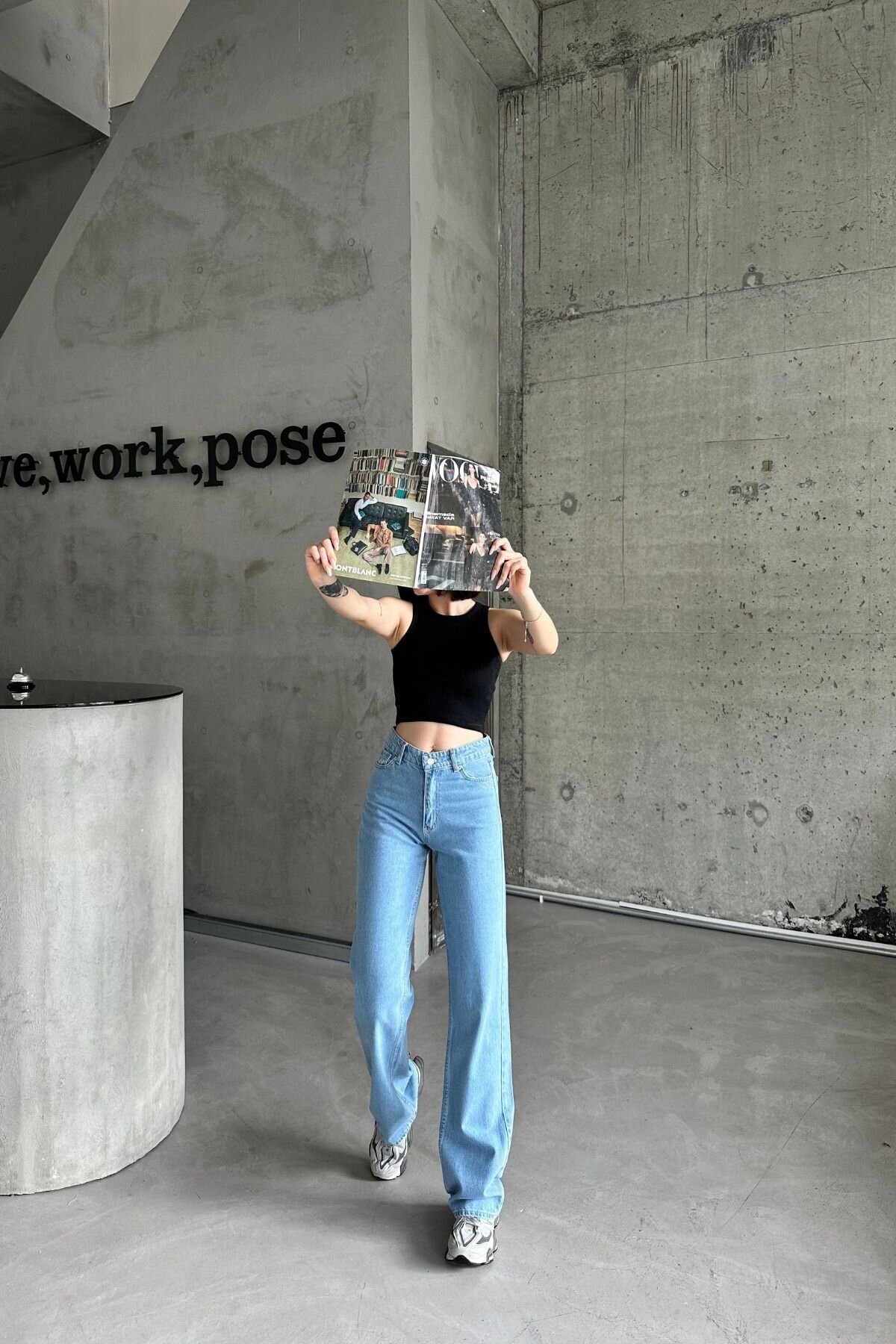 Kadın Jean BaggyFit Yüksek Bel Bol Paça Palazzo Buz Mavi Kot Pantolon