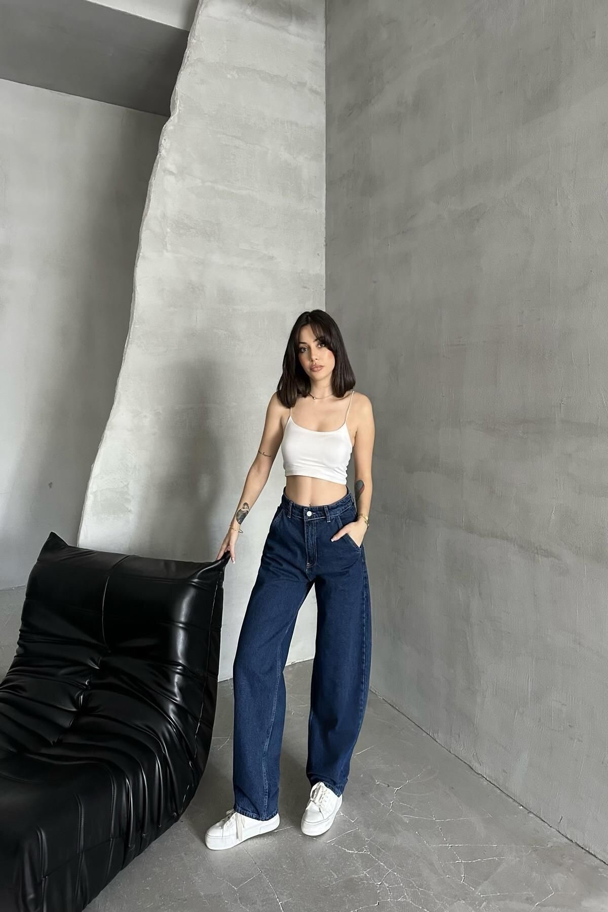Kadın Jeans Bol Geniş Paça Baggy Fit Lacivert Kot Pantolon