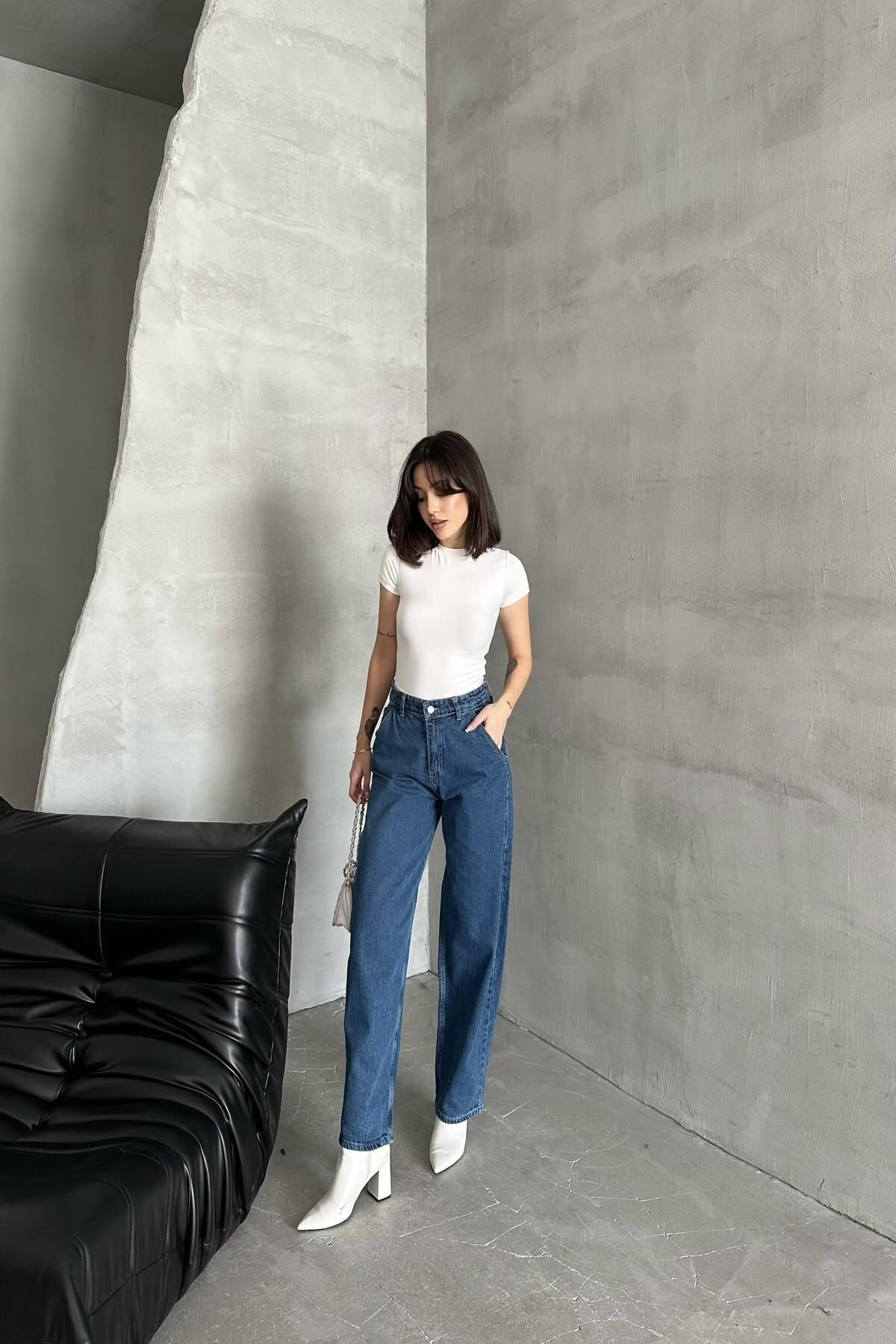 Kadın Jeans Bol Geniş Paça Baggy Fit Mavi Kot Pantolon