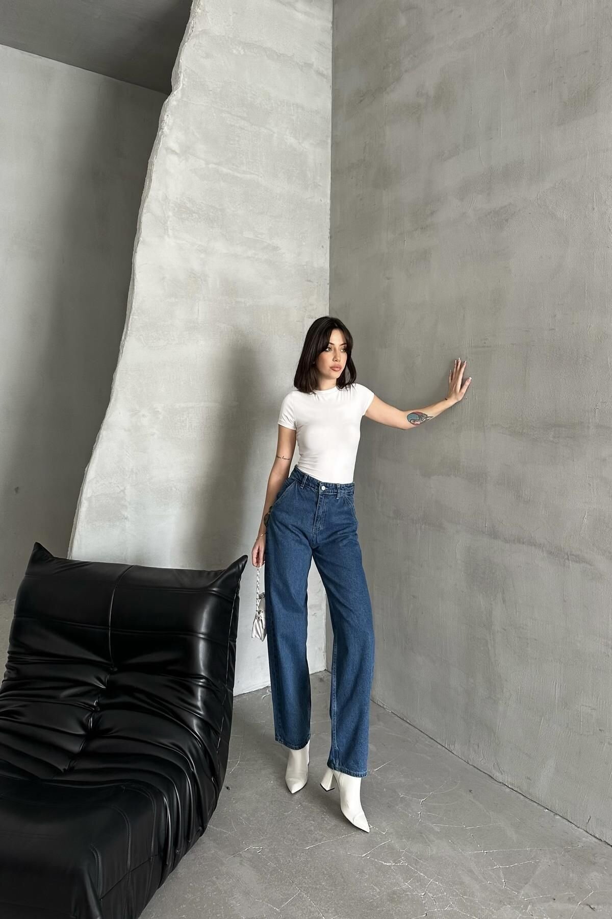 Kadın Jeans Bol Geniş Paça Baggy Fit Mavi Kot Pantolon