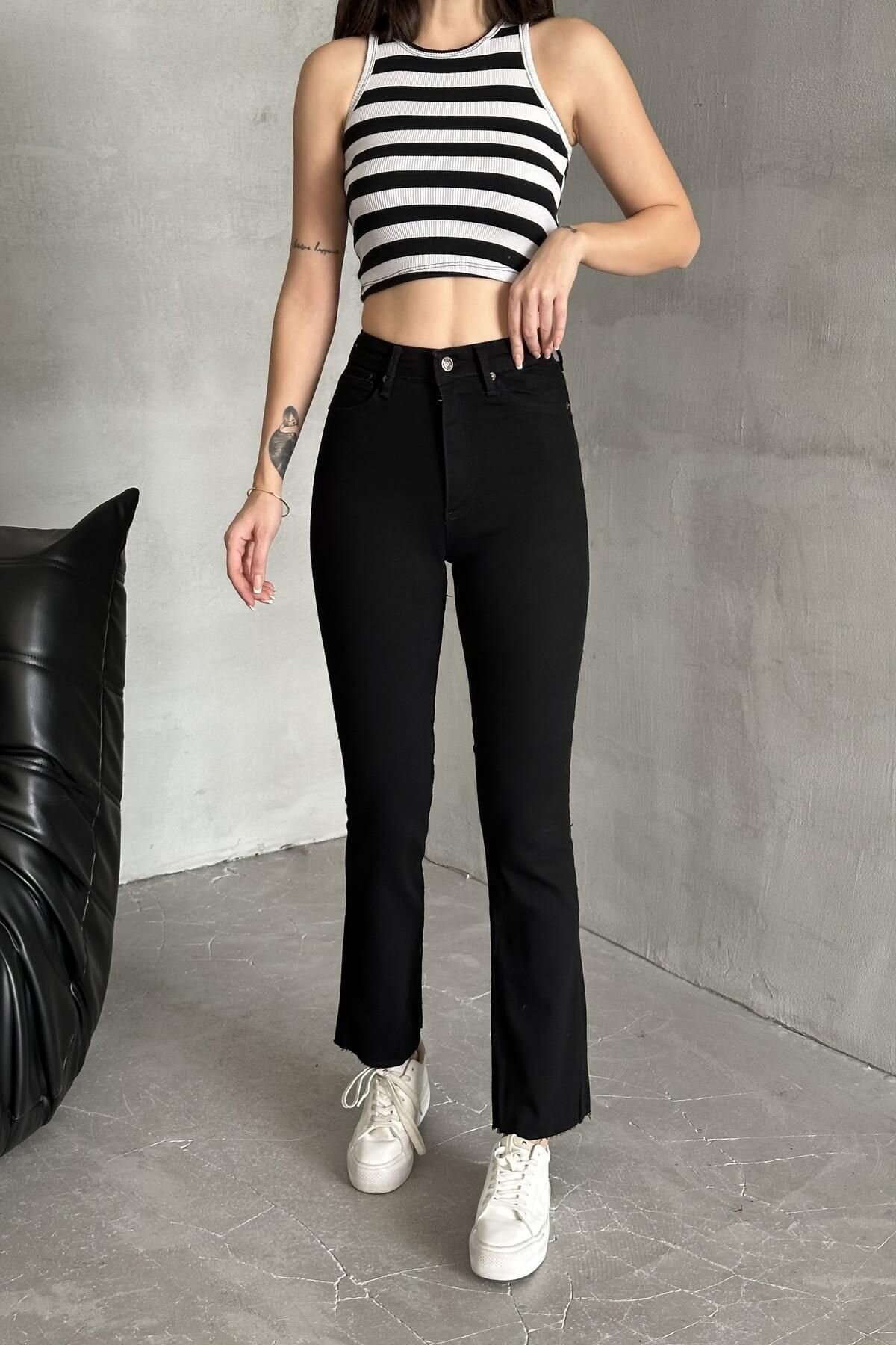 Kadın Jeans Bol İspanyol Geniş Paça Siyah Kot Pantolon