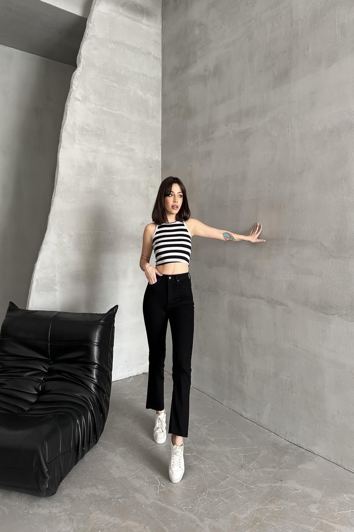 Kadın Jeans Bol İspanyol Geniş Paça Siyah Kot Pantolon