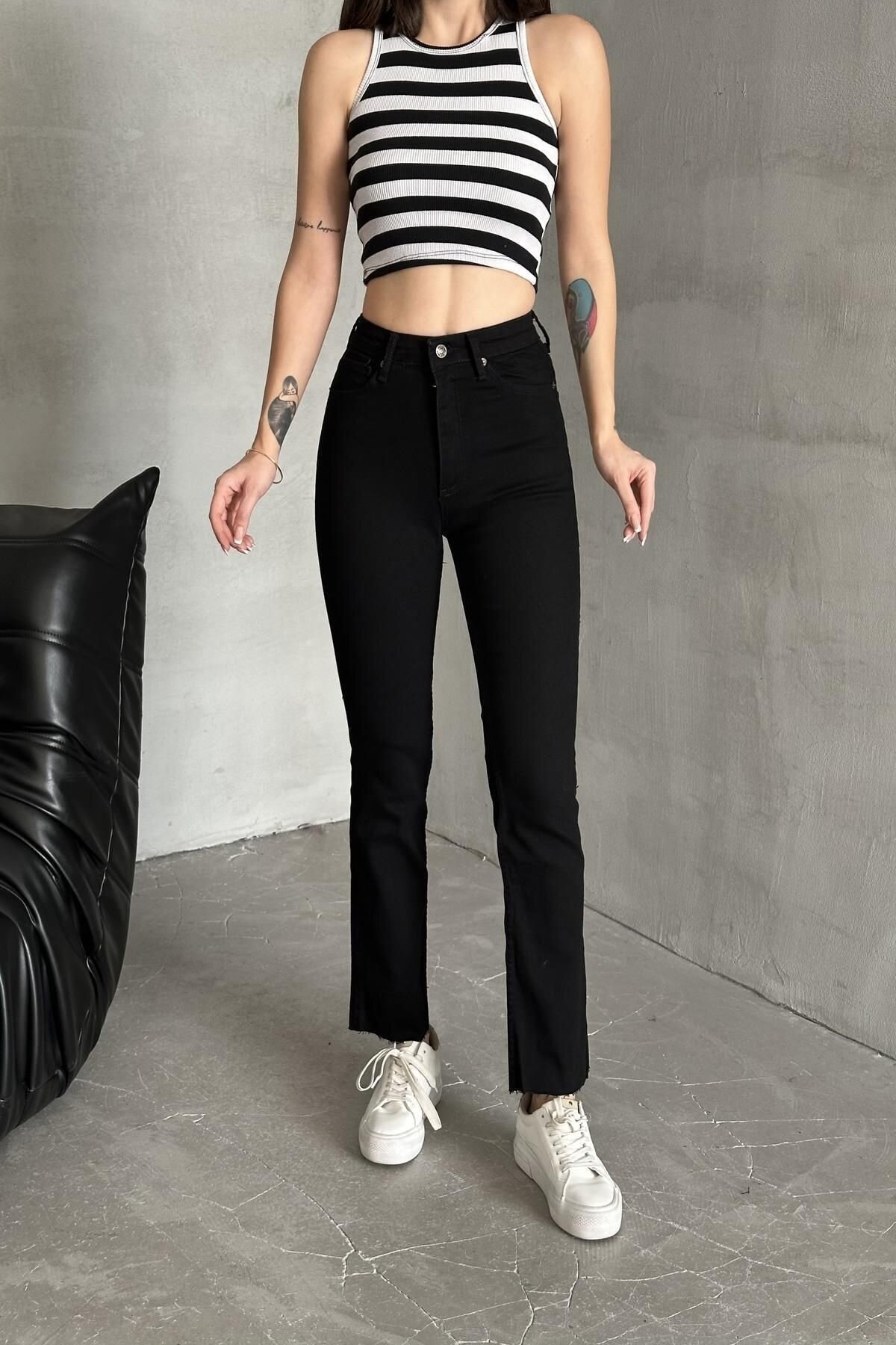 Kadın Jeans Bol İspanyol Geniş Paça Siyah Kot Pantolon