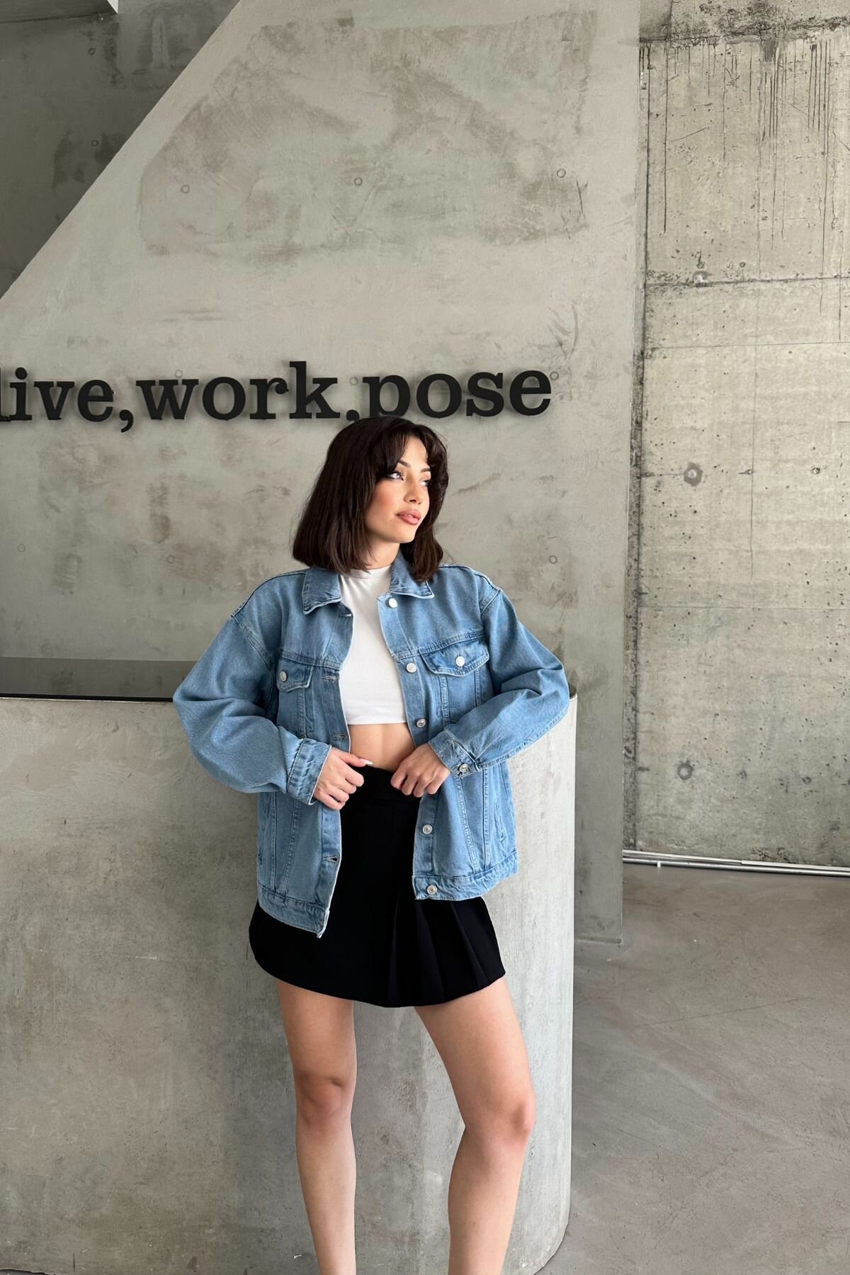 Kadın Jeans Uzun Düğmeli Oversize Buz Mavi Kot Ceket