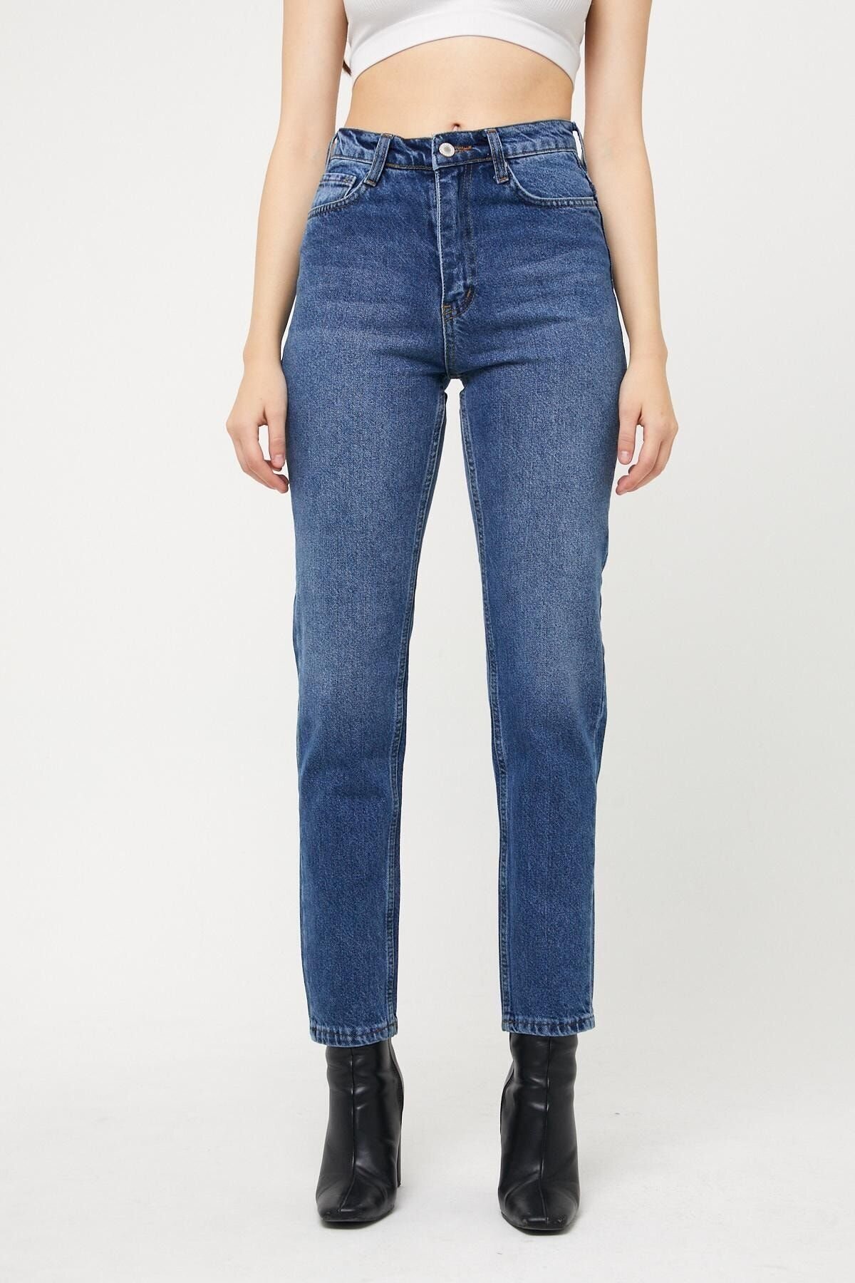 Kadın Mom Fit Gabardin Pantolon Lacivert