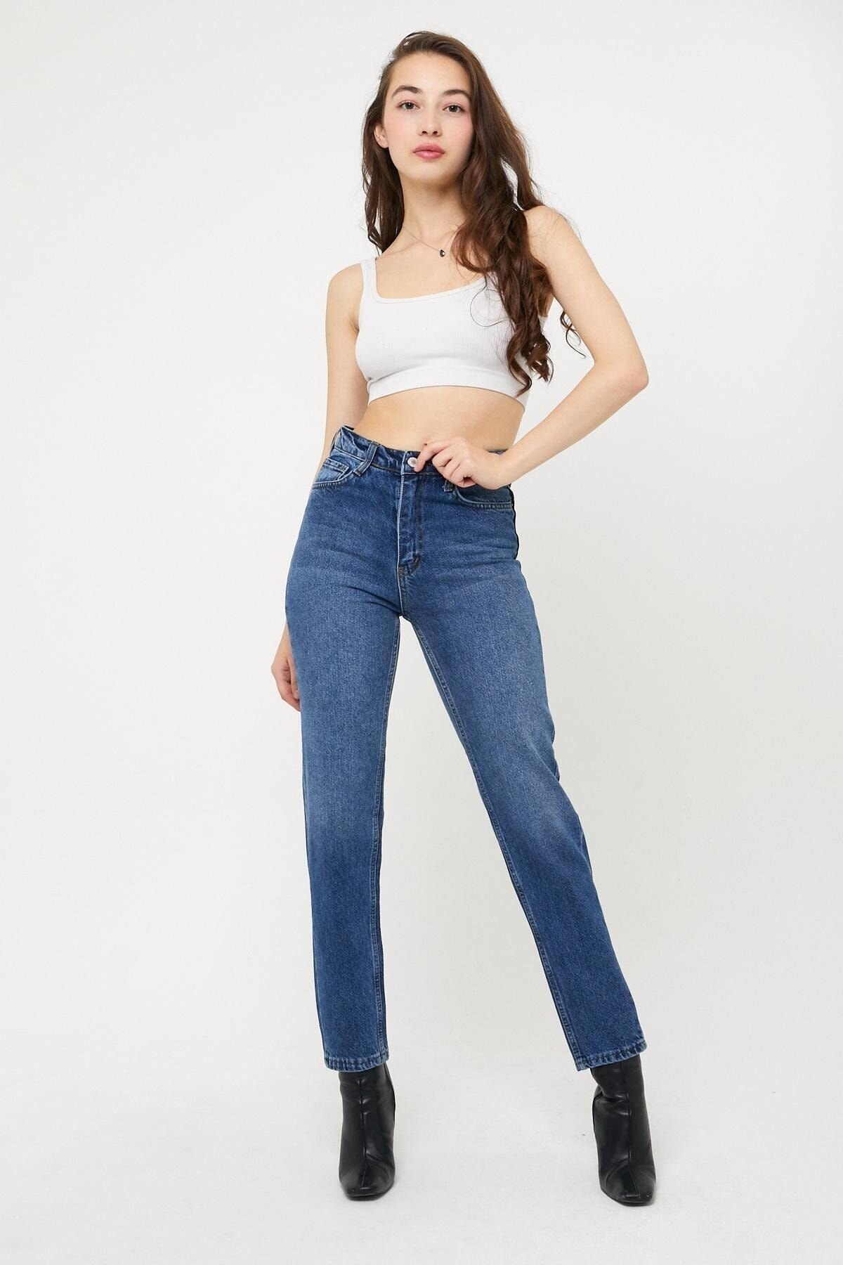 Kadın Mom Fit Gabardin Pantolon Lacivert