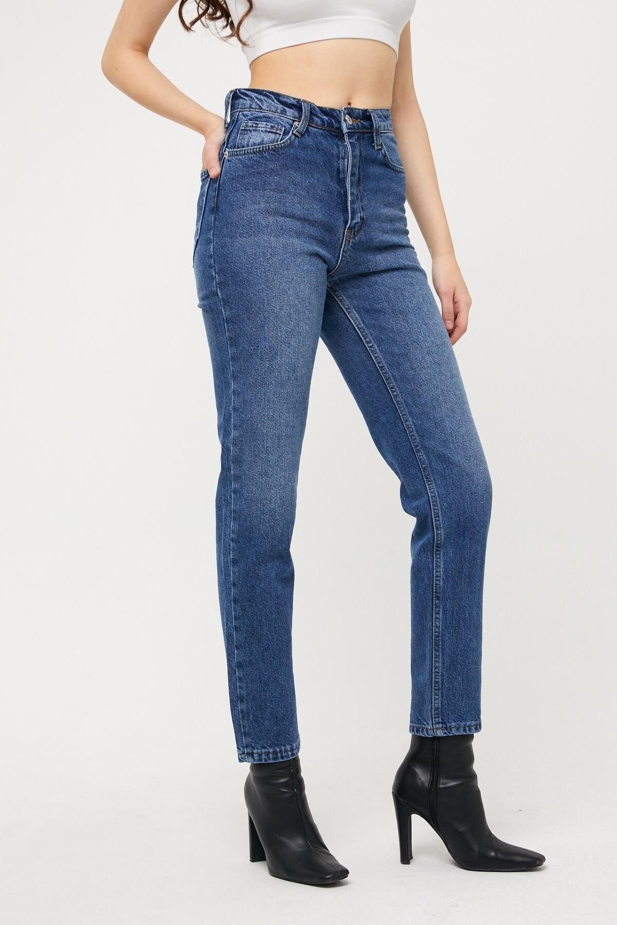 Kadın Mom Fit Gabardin Pantolon Lacivert