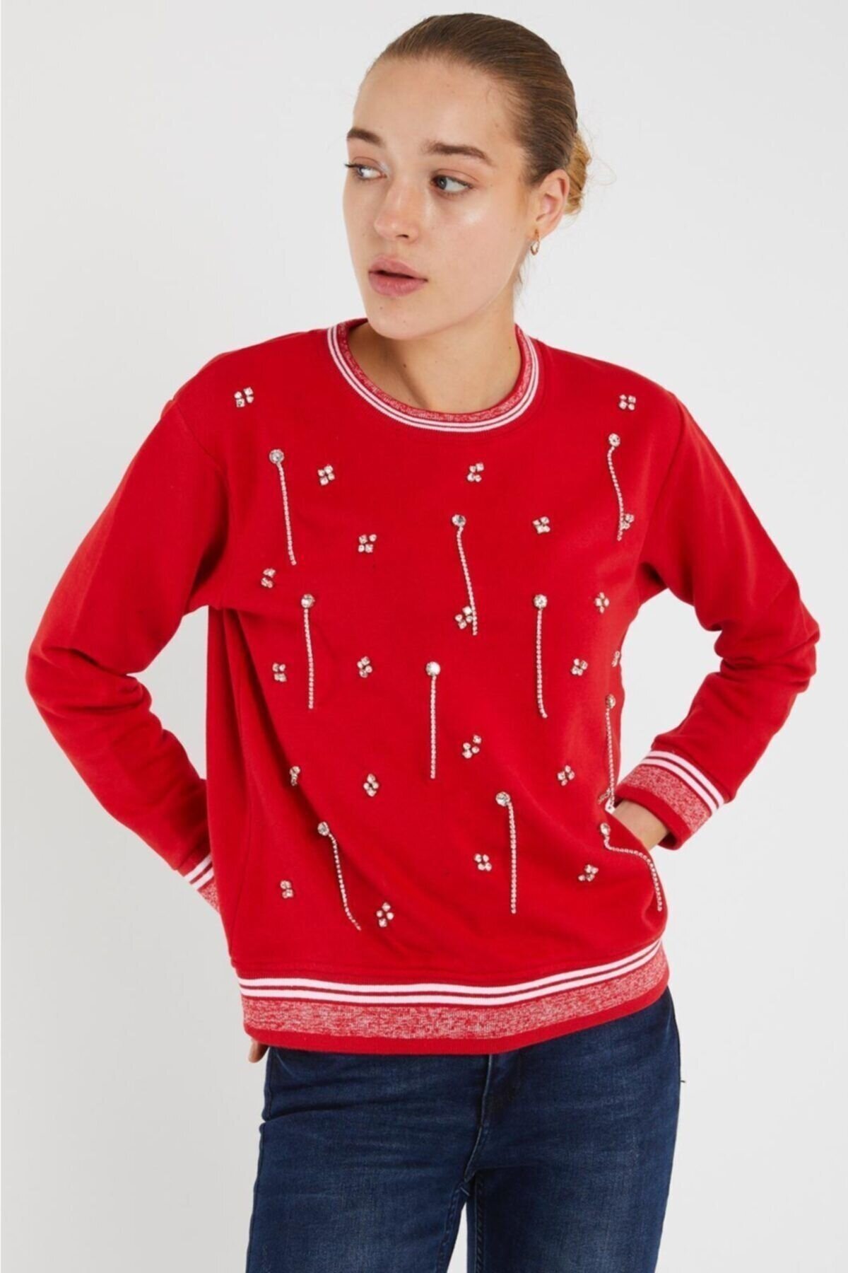 Taş Dikimli Kapşonsuz Sweatshirtler