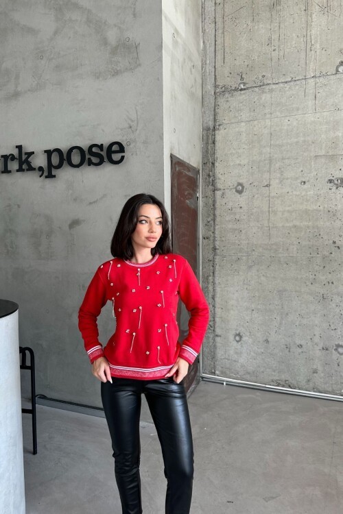 Kadın Bisiklet Yaka Minimalist Taşlı Relax Fit Kırmızı Sweat