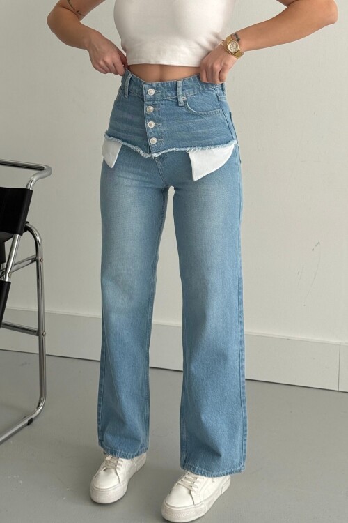 Kadın Cepli Bol Paça Palazzo Mavi Kot Pantolon