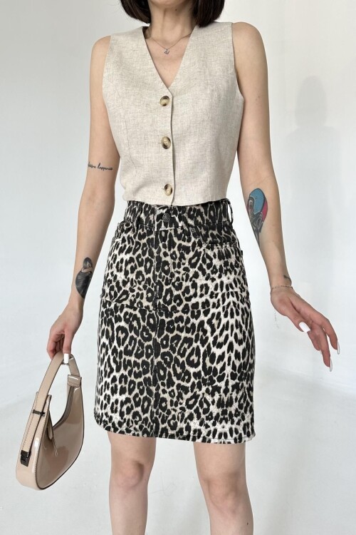Kadın Düğme Detaylı Pamuklu Leopar Siyah Mini Etek