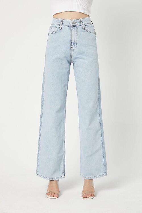 Kadın Jeanchic Yüksek Bel Dekolteli Bol Paça Buz Mavi Palazzo Kot Pantolon