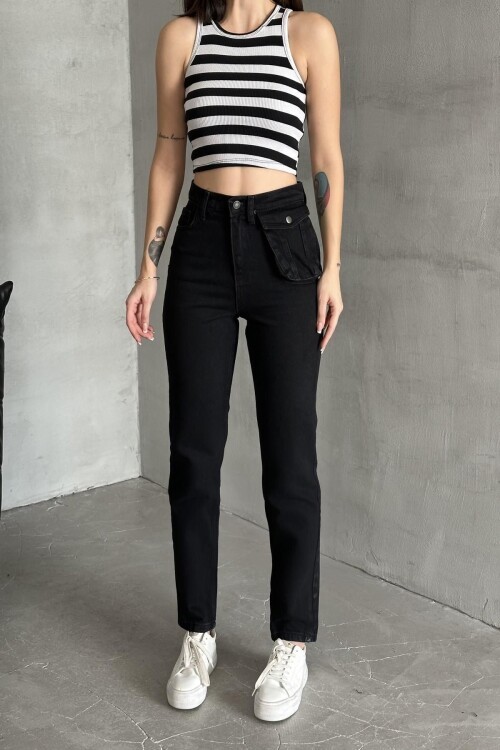 Kadın Jeans Çantalı Bol Paça Mom Fit Siyah Kot Pantolon