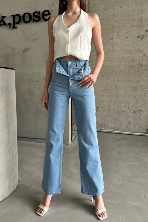 Kadın Jeans Çift Pantolon Yüksek Bel Bol Paça Palazzo Buz Mavi Kot Pantolon