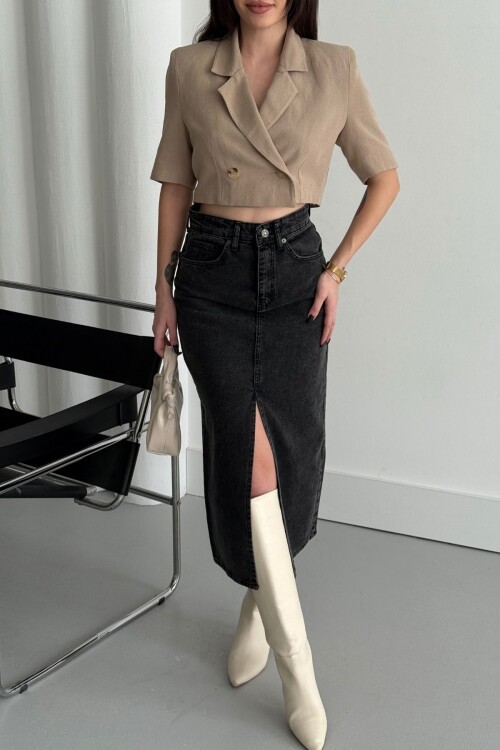 Kadın Jeans Pamuklu Yırtmaçlı Uzun Füme Kot Etek