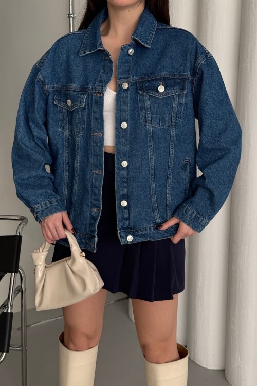 Kadın Jeans Uzun Düğmeli Oversize Mavi Kot Ceket
