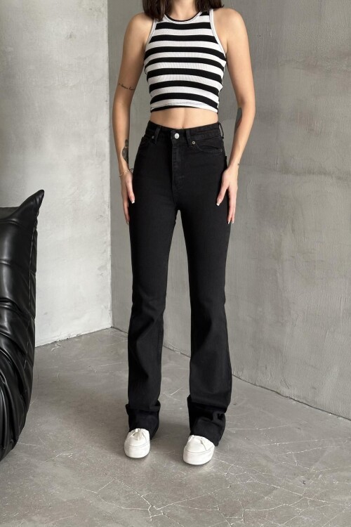 Kadın Jeans Yüksek Bel Esnek Bol İspanyol Paça Siyah Kot Pantolon