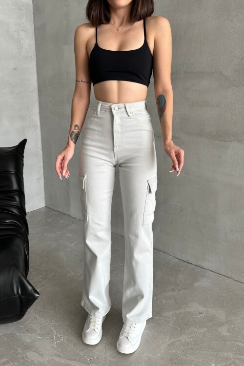 Kadın Jeans Yüksek Bel Palazzo Taş Kot Kargo Cepli Pantolon