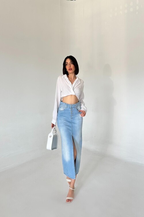 Kadın JeansCharm Pamuklu Yırtmaçlı Uzun Açık Mavi Kot Etek