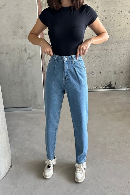 Kadın JeansDream Yüksek Bel Bol Paça Baggy Buz Mavi Kot Pantolon