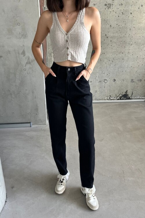 Kadın JeansDream Yüksek Bel Bol Paça Baggy Siyah Kot Pantolon