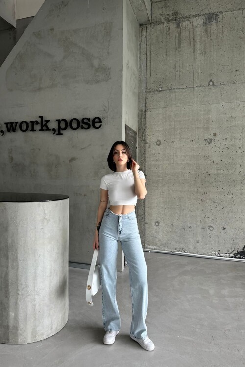 Kadın JeansMode Normal Bel Pamuklu Bol Paça Palazzo Buz Mavi Kot Pantolon