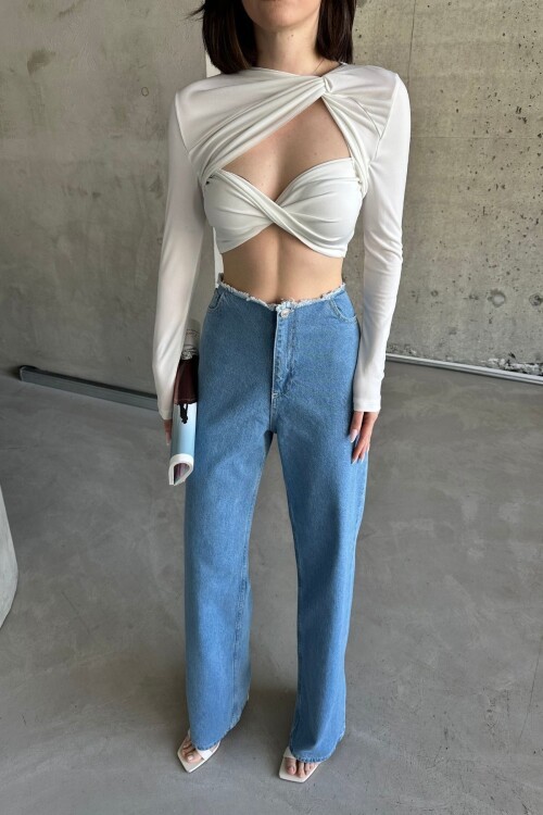 Kadın JeansMode Normal Bel Pamuklu Bol Paça Palazzo Mavi Kot Pantolon