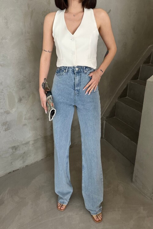 Kadın JeansMode Yüksek Bel Bol Paça Palazzo Buz Mavi Kot Pantolon