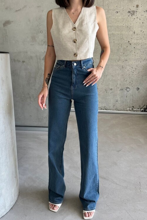 Kadın JeansMode Yüksek Bel Bol Paça Palazzo Mavi Kot Pantolon