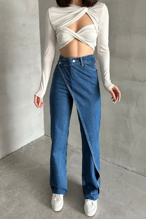 Kadın JeansMode Yüksek Bel Etekli Bol Paça Koyu Mavi Kot Pantolon