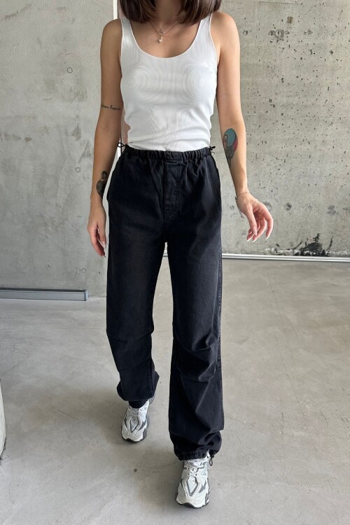 Kadın JeansMode Yüksek Bel Lastikli Siyah Baggy Kot Pantolon