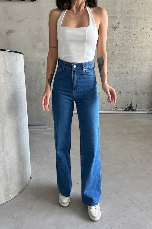 Kadın JeansMove Yüksek Bel Bol Paça Pamuklu Baggy Mavi Kot Pantolon