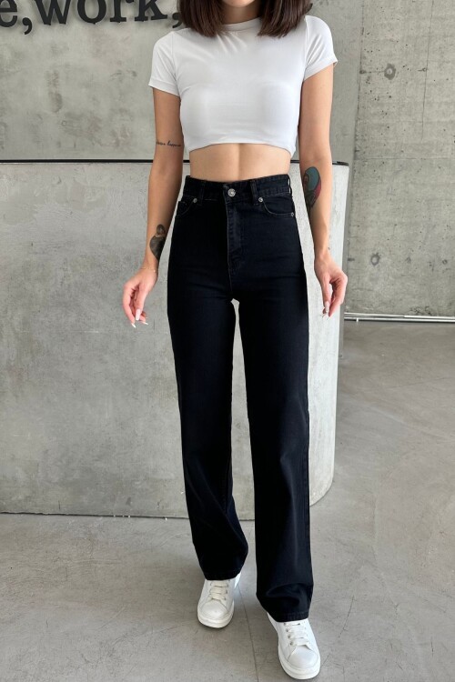 Kadın JeansMove Yüksek Bol Bol Paça Pamuklu Siyah Kot Pantolon