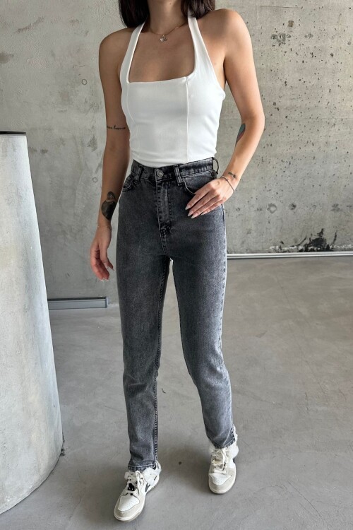 Kadın JeansStar Yüksek Bel Dar Paça Mom Fit Füme Kot Pantolon