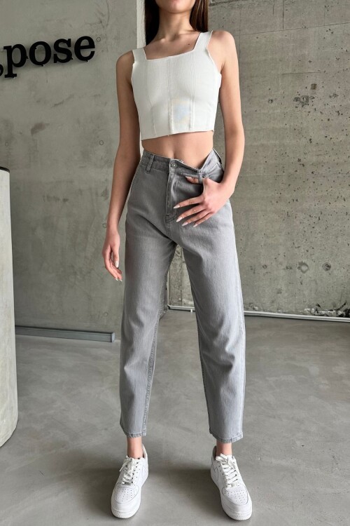 Kadın JeansUni Yüksek Bel Bol Paça Esnek Baggy Gri Kot Pantolon