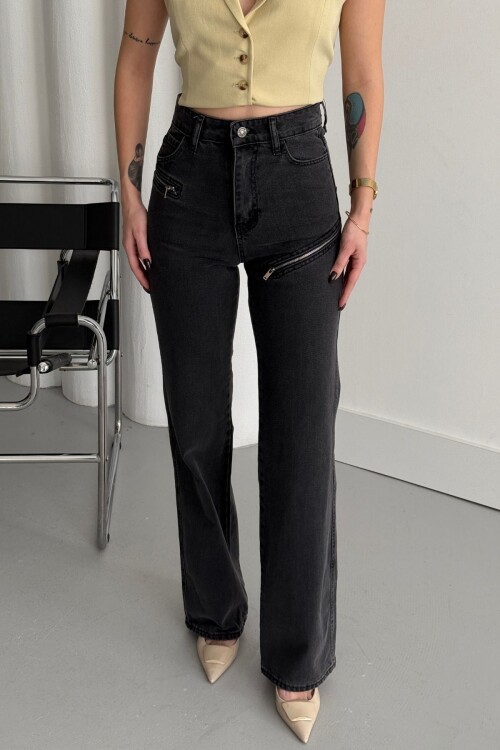 Kadın JeansVibe Bol Paça Yüksel Bel Palazzo Siyah Kot Pantolon