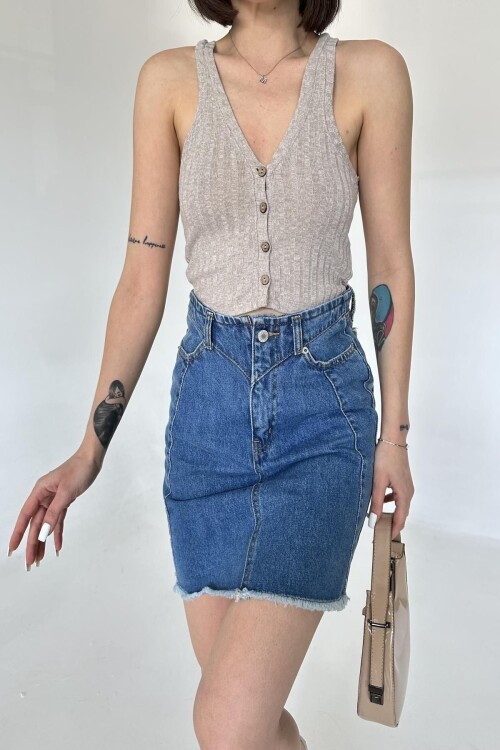 Kadın JeansVibe Cepli Düğmeli Pamuklu Mavi Kot Mini Etek