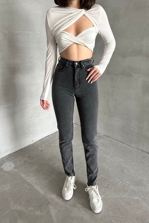 Kadın JeansVibe Mom Fit Yüksek Bel Dar Paça Antrasit Kot Pantolon