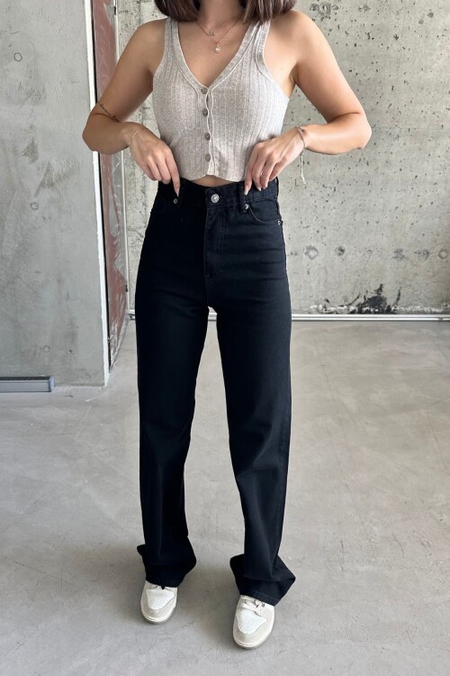 Kadın Jeanvibe Yüksek Bel Bol Paça Siyah Palazzo Kot Pantolon