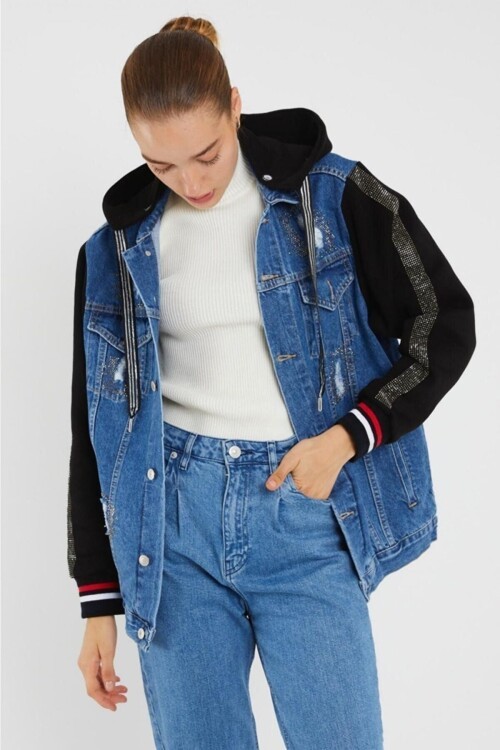 Kadın Kapüşonlu Kot Mont Mavi