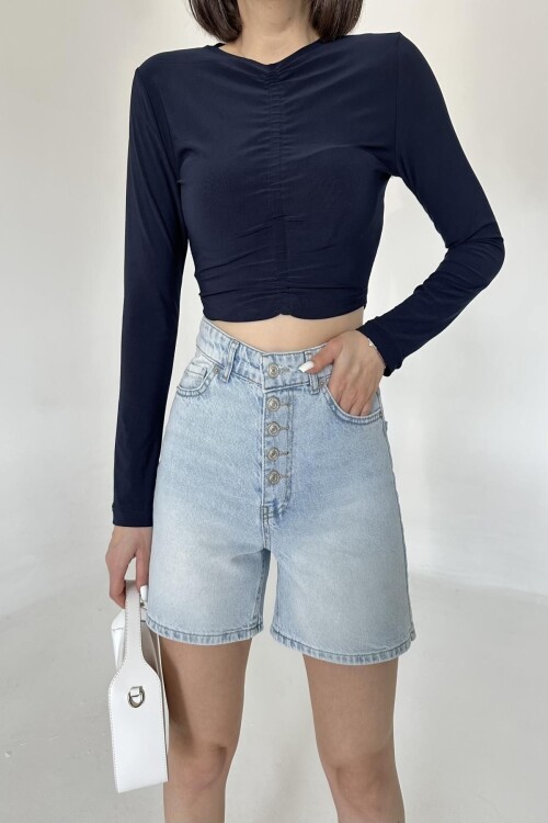 Kadın Kısa Yüksek Bel JeansMode Düğmeli Mini Buz Mavi Kot Şort