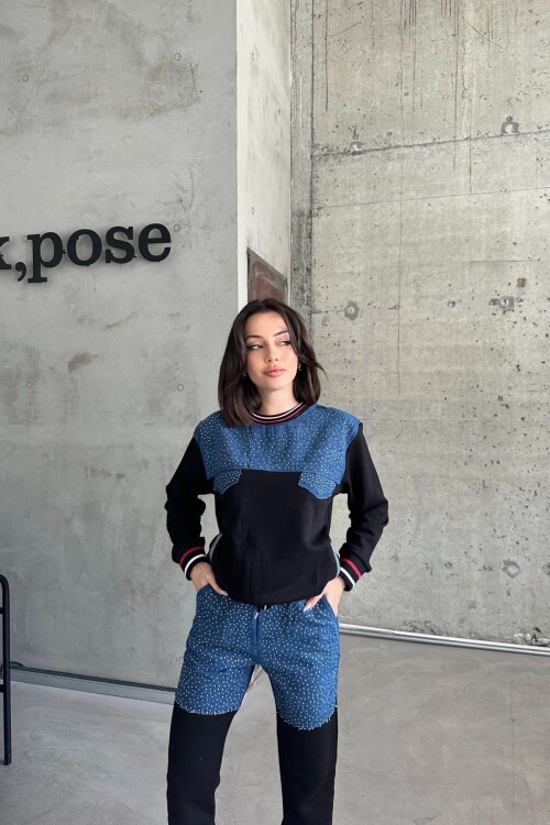 Kadın Kot Garnili Sportif Taş Işlemeli Alt-üst Siyah Eşofman Takımı